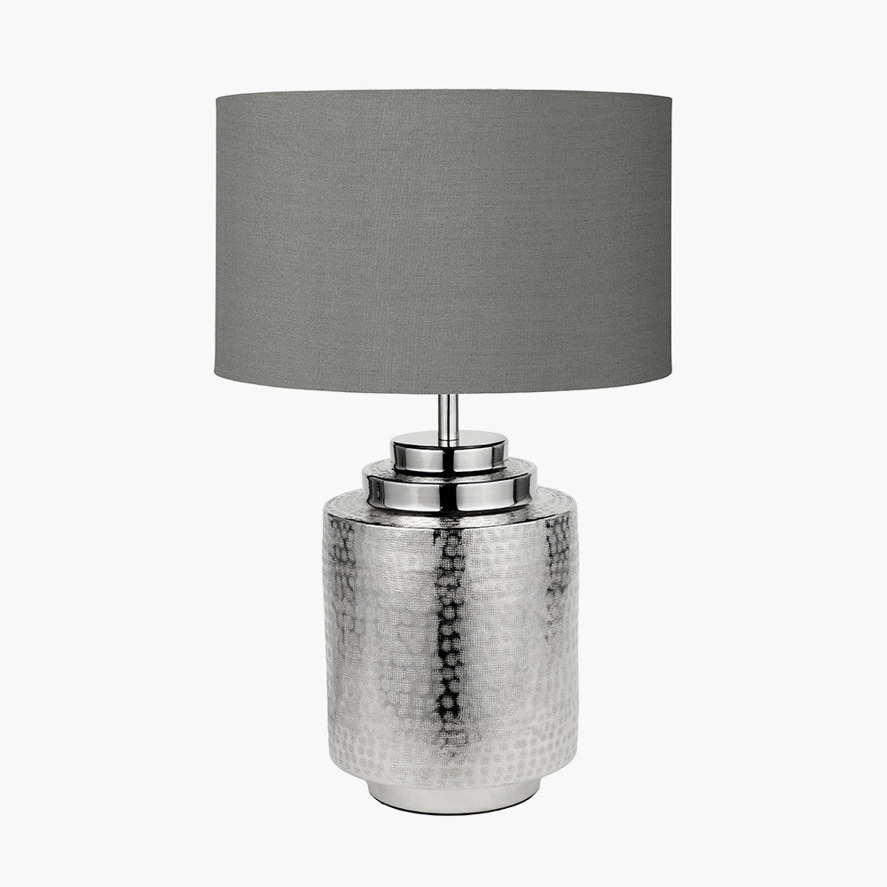 Zuri Shiny Silver Metal Pot Table Lamp Base with Harry 35cm Steel Grey Cotton Mix Cylinder Lampshade