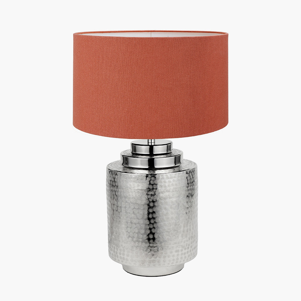 Zuri Shiny Silver Metal Pot Table Lamp Base with Henry 35cm Tobacco Handloom Cylinder Lampshade