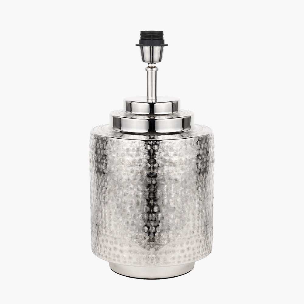 Zuri Shiny Silver Metal Pot Table Lamp Base with Henry 35cm Tobacco Handloom Cylinder Lampshade