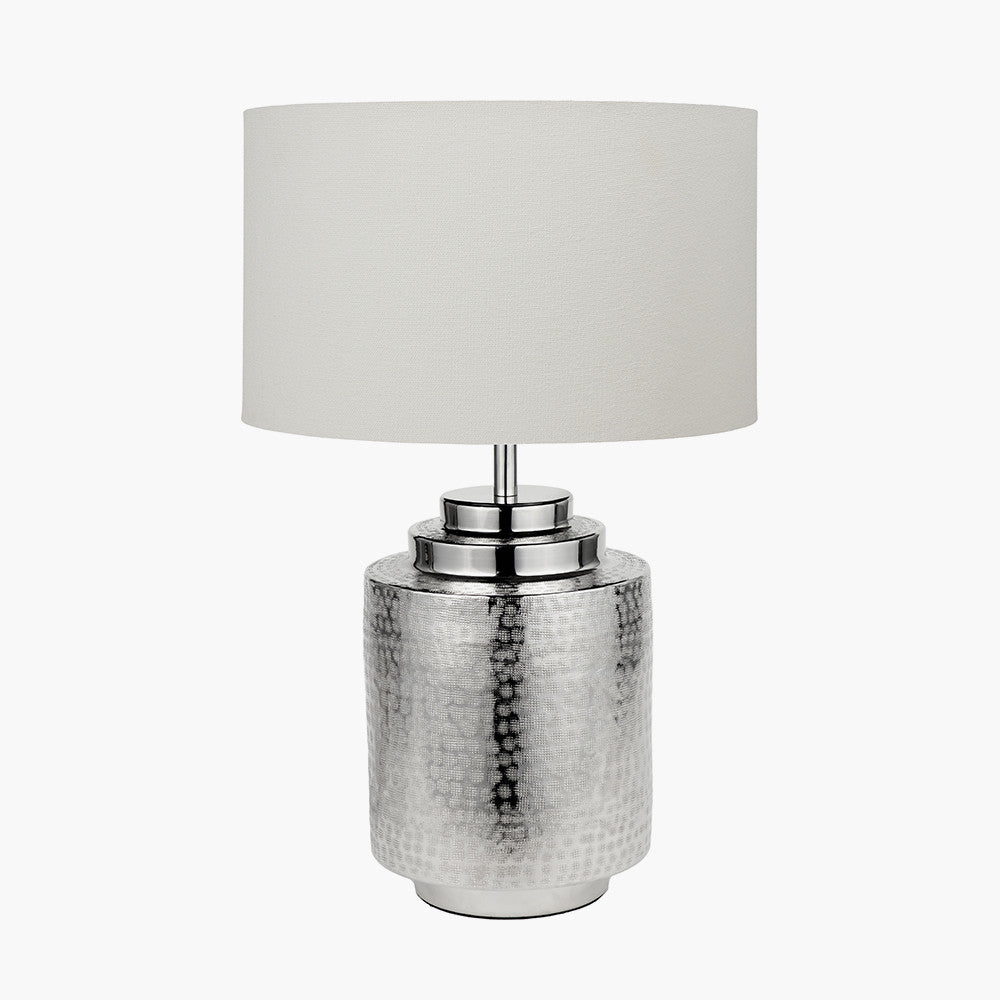 Zuri Shiny Silver Metal Pot Table Lamp Base with Henry 35cm White Handloom Cylinder Lampshade