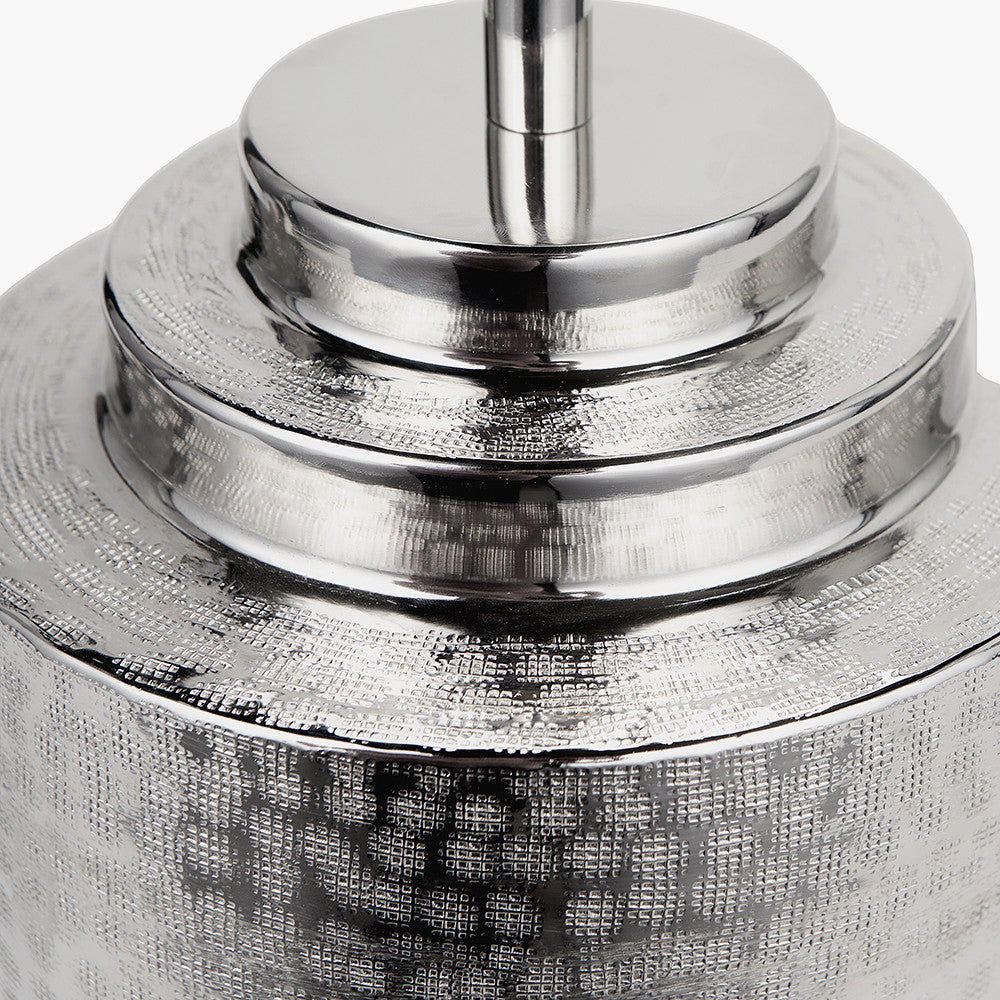 Zuri Shiny Silver Metal Pot Table Lamp Base with Henry 35cm White Handloom Cylinder Lampshade