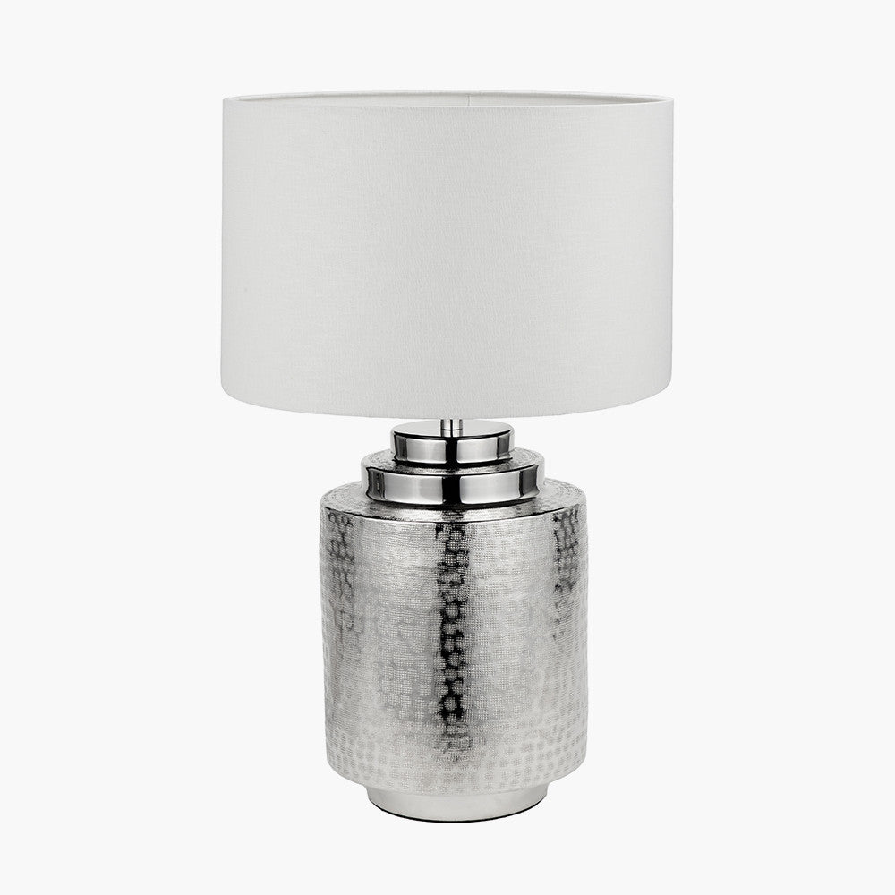 Zuri Shiny Silver Metal Pot Table Lamp Base with Lino 35cm White Self Lined Linen Cylinder Lampshade