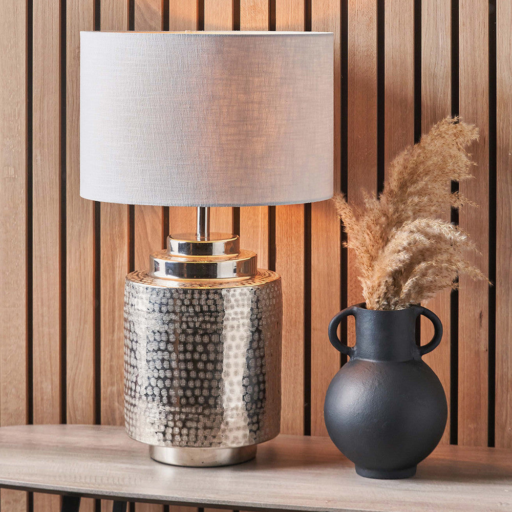 Zuri Shiny Silver Metal Pot Table Lamp Base with Lino 35cm White Self Lined Linen Cylinder Lampshade
