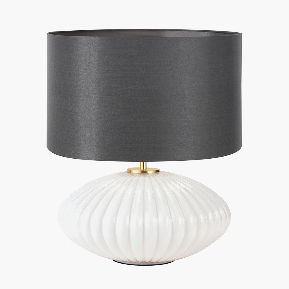 Emilia White Ribbed Glass and Gold Metal Oval Table Lamp Base with Zara 35cm Steel Grey Silk Lined Cylinder Lampshade