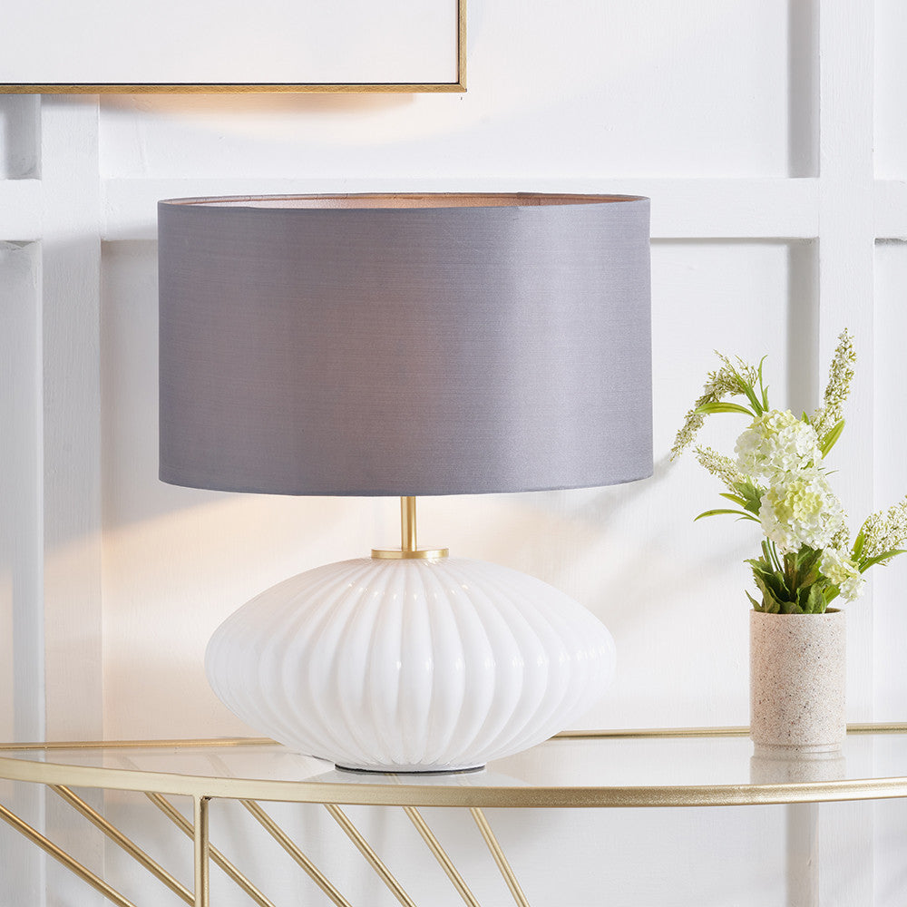 Emilia White Ribbed Glass and Gold Metal Oval Table Lamp Base with Zara 35cm Steel Grey Silk Lined Cylinder Lampshade
