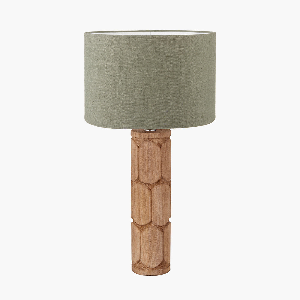 Aurelia Embossed Natural Wood Tall Table Lamp Base with Edward 35cm Pistachio Green Linen Cylinder Lampshade