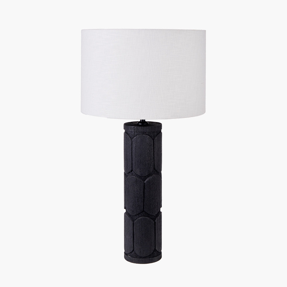 Aurelia Embossed Black Wood Tall Table Lamp Base with Lino 35cm White Self Lined Linen Cylinder Lampshade