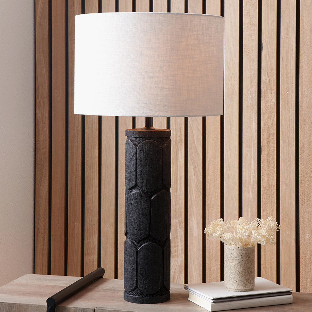 Aurelia Embossed Black Wood Tall Table Lamp Base with Lino 35cm White Self Lined Linen Cylinder Lampshade