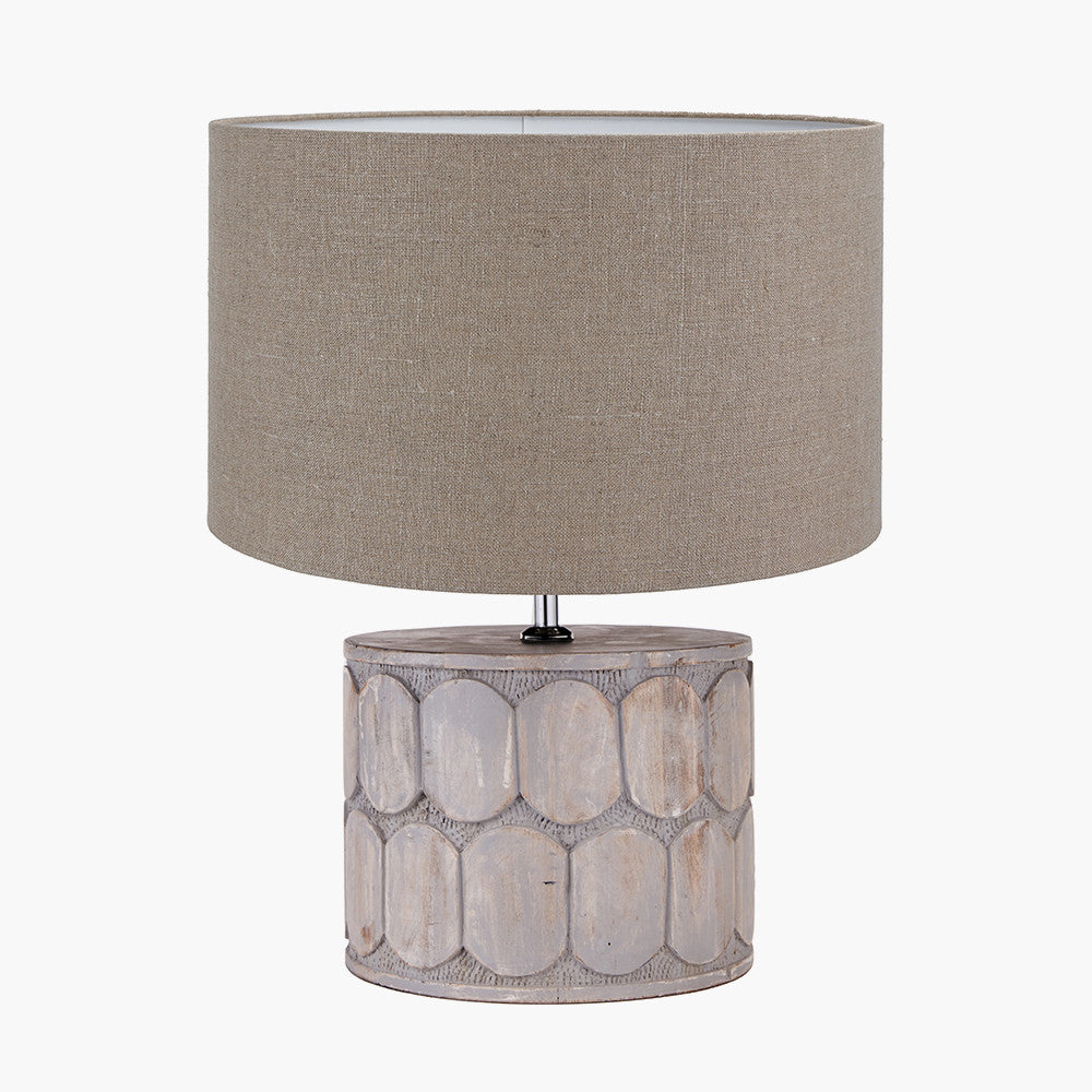 Cezara Embossed Grey Wood Wide Table Lamp Base with Edward 35cm Natural Linen Cylinder Lampshade