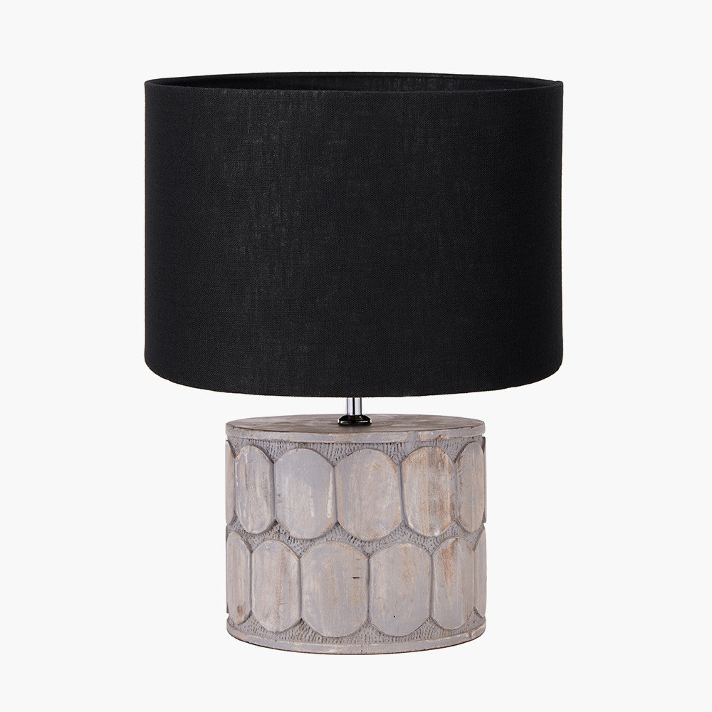 Cezara Embossed Grey Wood Wide Table Lamp Base with Lino 35cm Black Self Lined Linen Cylinder Lampshade