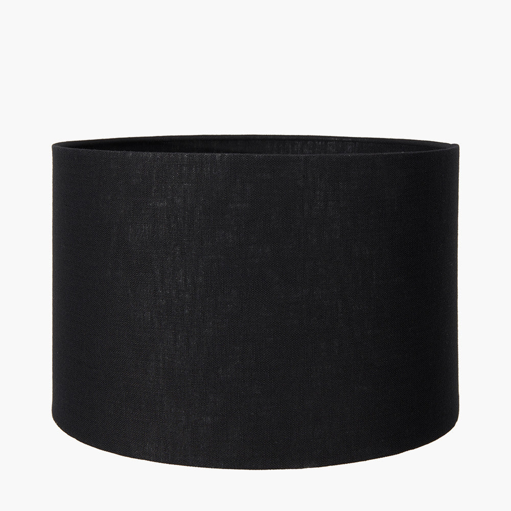 Cezara Embossed Grey Wood Wide Table Lamp Base with Lino 35cm Black Self Lined Linen Cylinder Lampshade