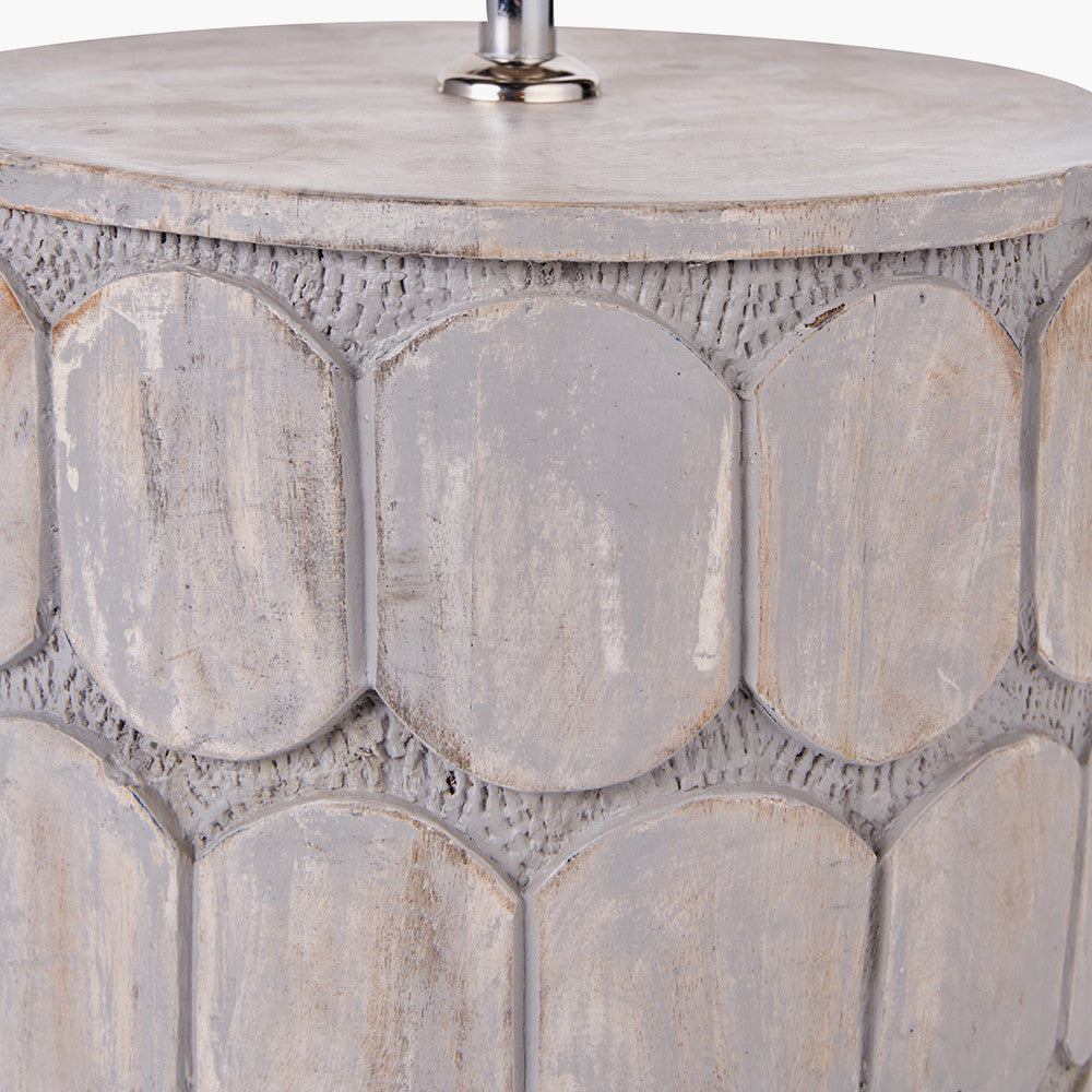 Cezara Embossed Grey Wood Wide Table Lamp Base with Lino 35cm White Self Lined Linen Cylinder Lampshade