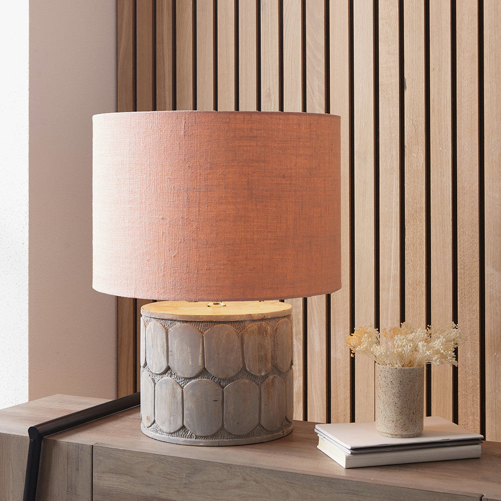 Cezara Embossed Grey Wood Wide Table Lamp