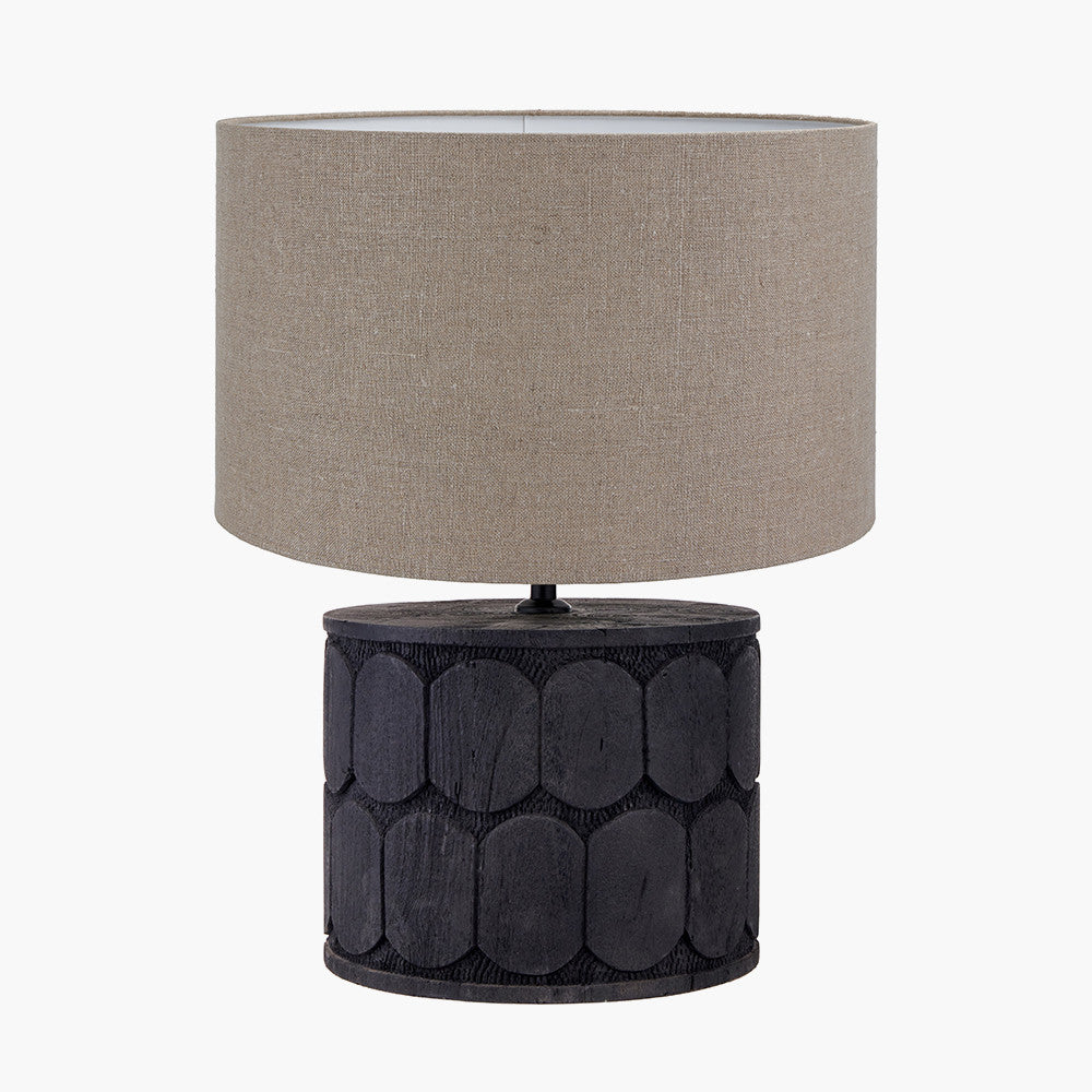 Cezara Embossed Black Wood Wide Table Lamp Base with Edward 35cm Natural Linen Cylinder Lampshade