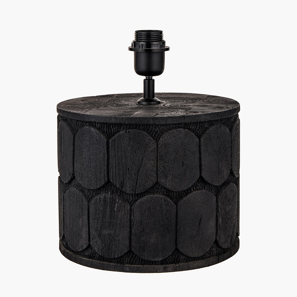 Cezara Embossed Black Wood Wide Table Lamp Base with Edward 35cm Natural Linen Cylinder Lampshade