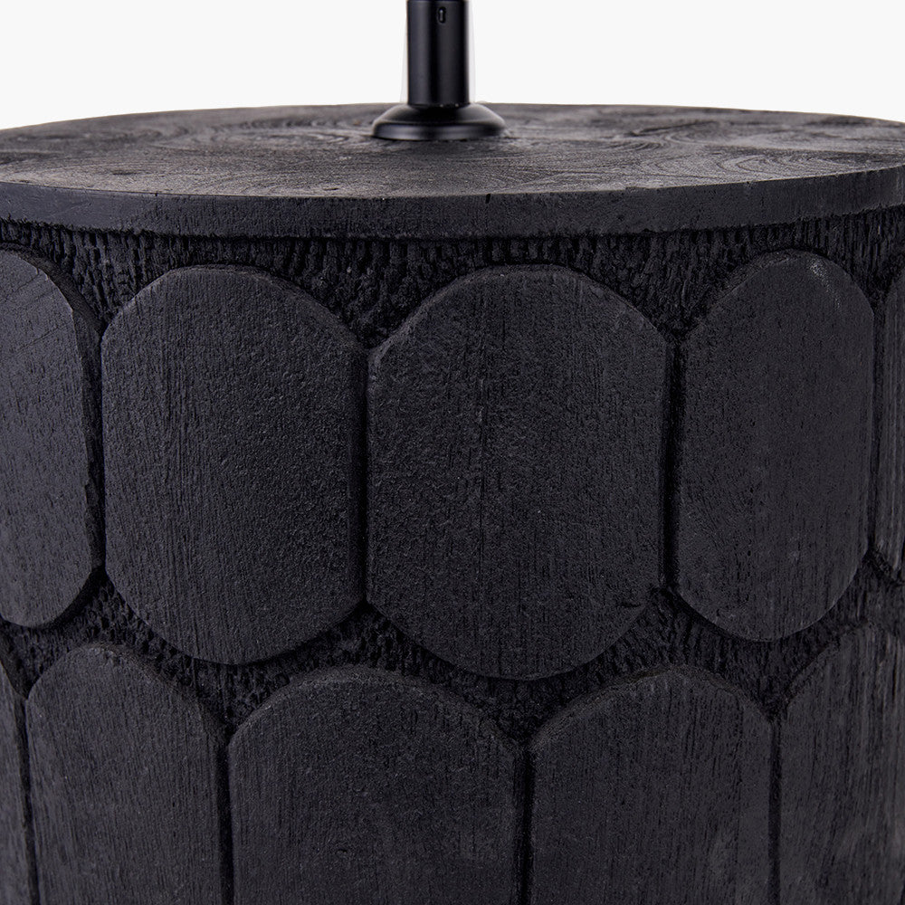 Cezara Embossed Black Wood Wide Table Lamp Base with Edward 35cm Natural Linen Cylinder Lampshade