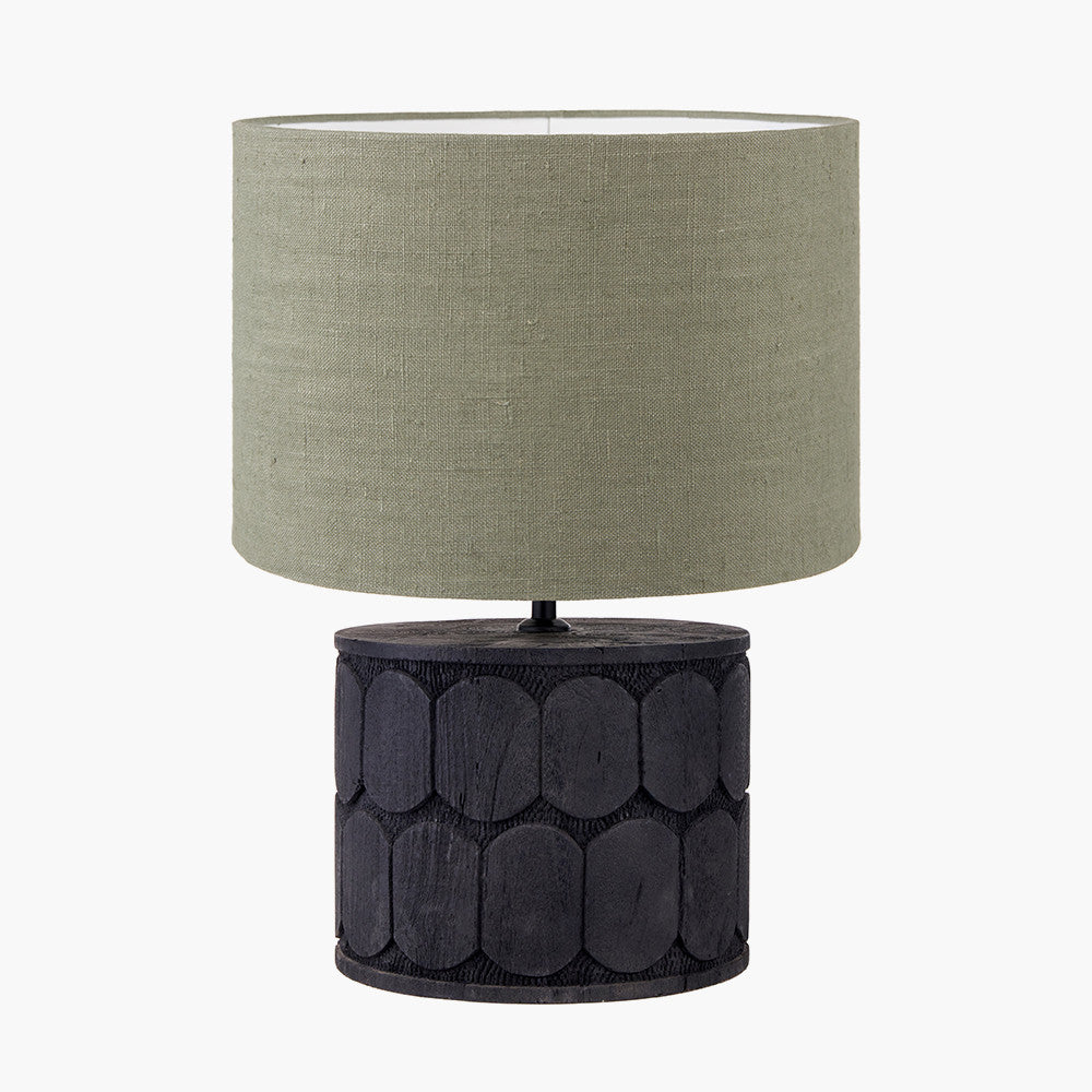 Cezara Embossed Black Wood Wide Table Lamp Base with Edward 35cm Pistachio Green Linen Cylinder Lampshade