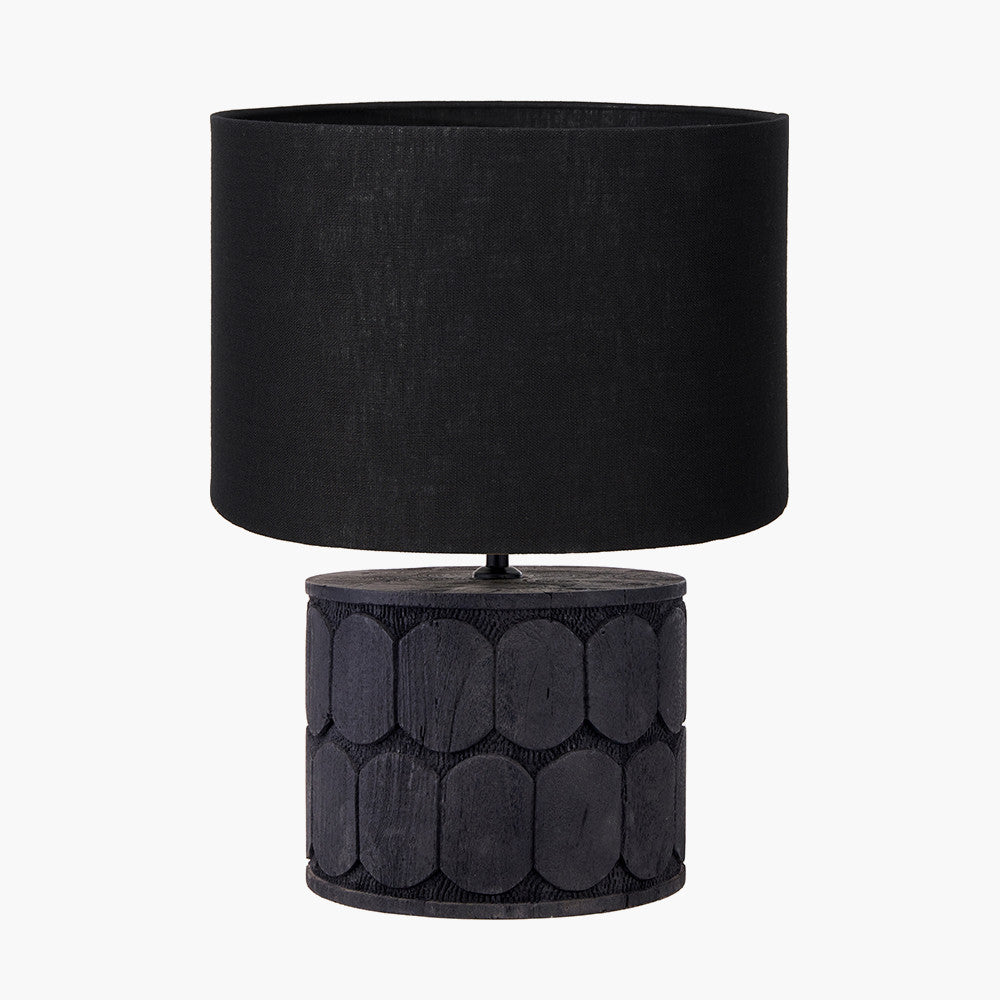 Cezara Embossed Black Wood Wide Table Lamp Base with Lino 35cm Black Self Lined Linen Cylinder Lampshade