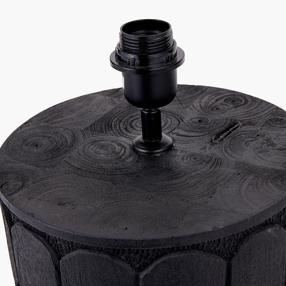 Cezara Embossed Black Wood Wide Table Lamp Base with Lino 35cm Black Self Lined Linen Cylinder Lampshade