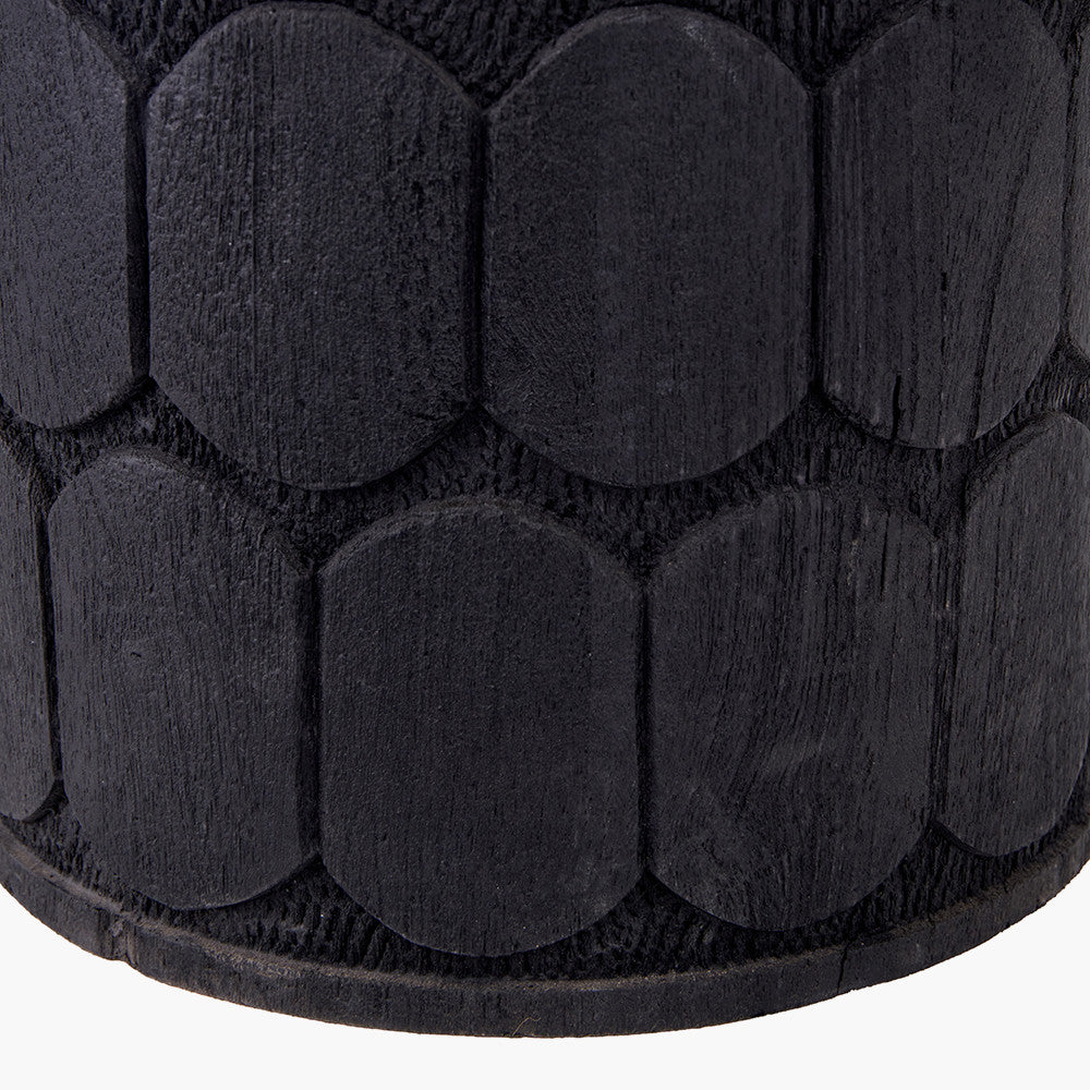 Cezara Embossed Black Wood Wide Table Lamp Base with Lino 35cm Black Self Lined Linen Cylinder Lampshade