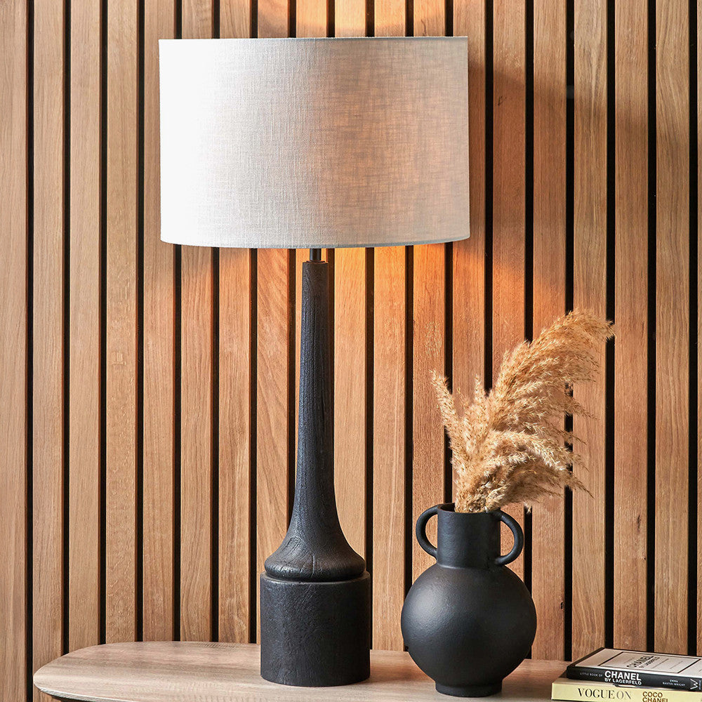 Marin Black Wood Tall Neck Table Lamp Base with Lino 40cm White Self Lined Linen Cylinder Lampshade