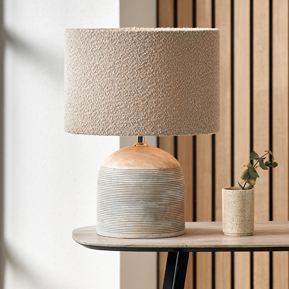Nelu Grey Engraved Wood Dome Table Lamp Base with Rouen 35cm Taupe Boucle Cylinder Lampshade