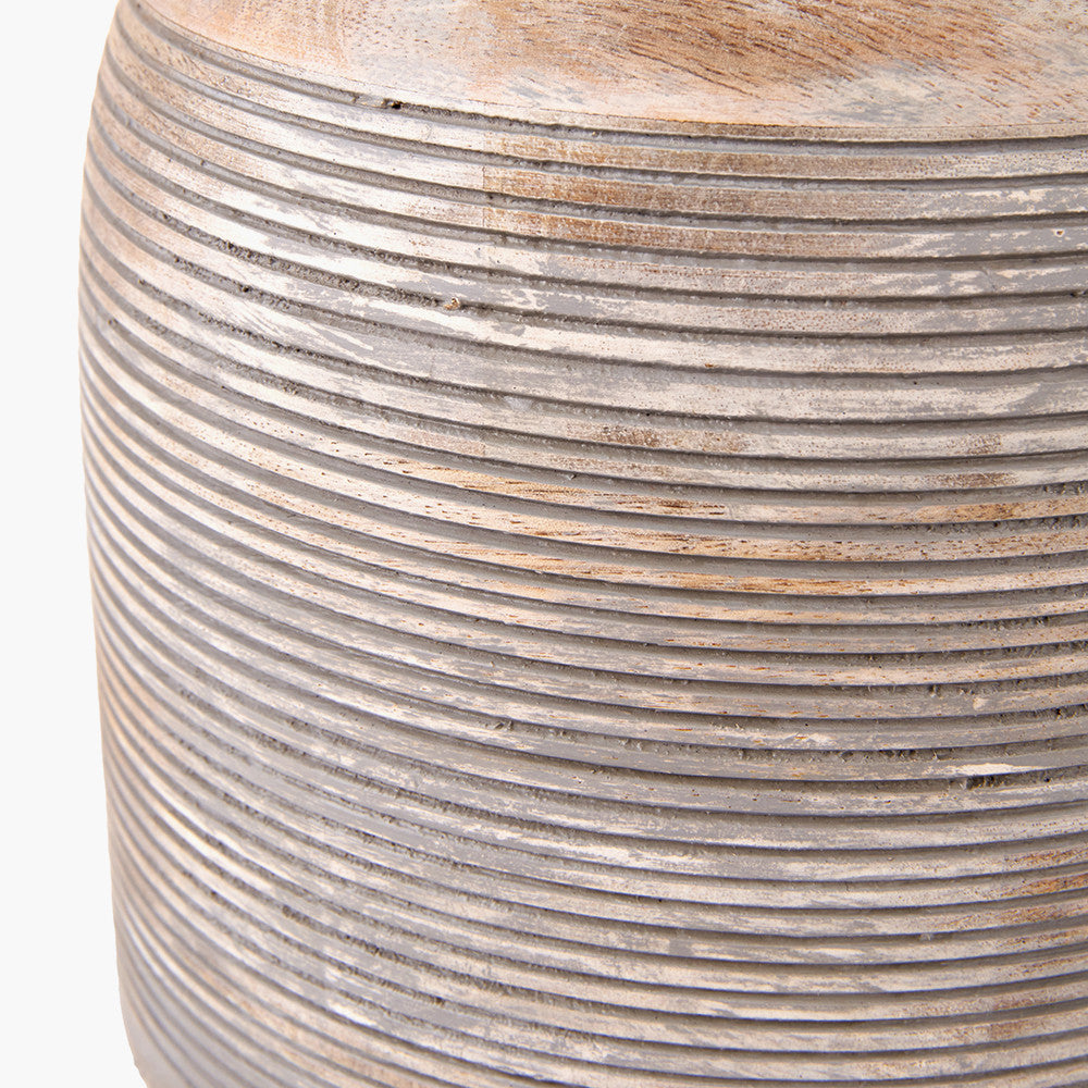 Nelu Grey Engraved Wood Dome Table Lamp Base with Lino 35cm Black Self Lined Linen Cylinder Lampshade