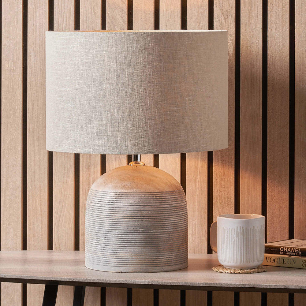 Nelu Grey Engraved Wood Dome Table Lamp Base with Lino 35cm Grey Self Lined Linen Cylinder Lampshade