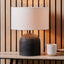 Nelu Black Engraved Wood Dome Table Lamp Base with Henry 35cm White Handloom Cylinder Lampshade