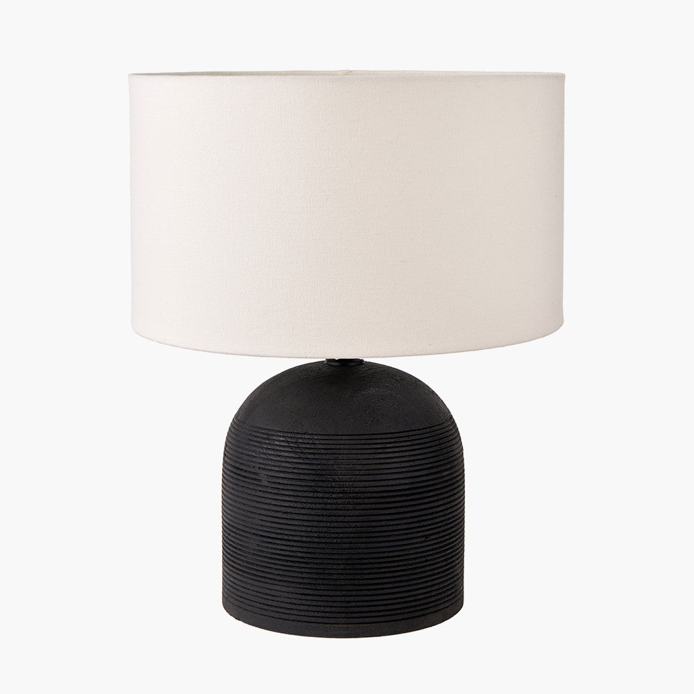 Nelu Black Engraved Wood Dome Table Lamp Base with Henry 35cm White Handloom Cylinder Lampshade