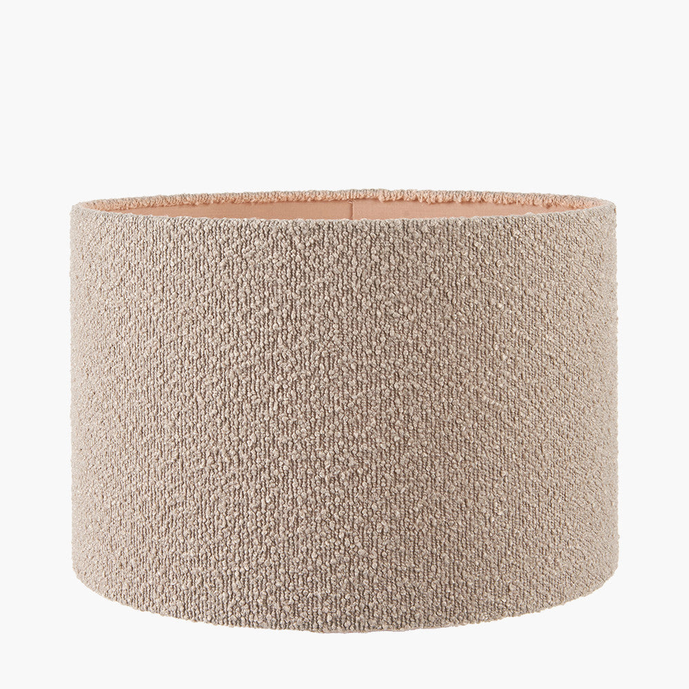 Nelu Black Engraved Wood Dome Table Lamp Base with Rouen 35cm Taupe Boucle Cylinder Lampshade
