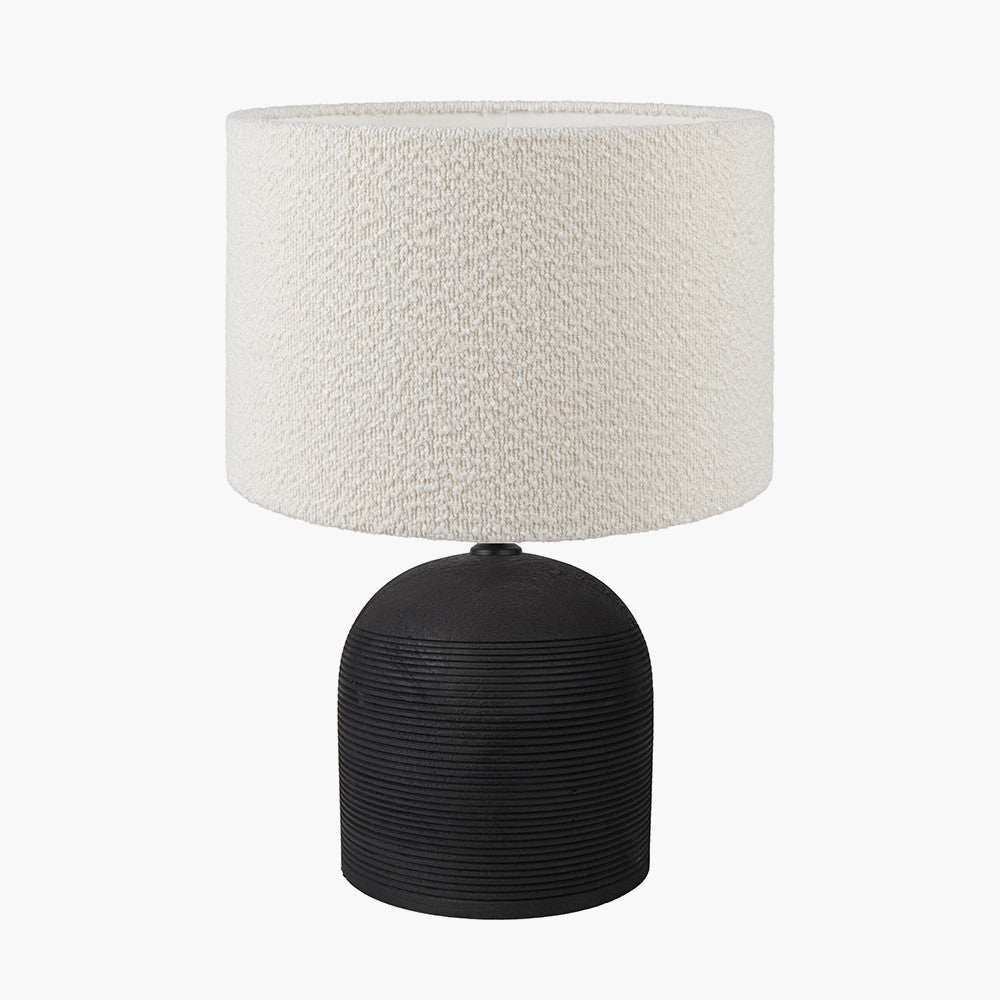 Nelu Black Engraved Wood Dome Table Lamp Base with Rouen 35cm White Boucle Cylinder Lampshade