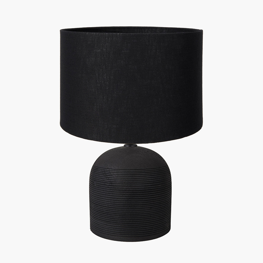 Nelu Black Engraved Wood Dome Table Lamp Base with Lino 35cm Black Self Lined Linen Cylinder Lampshade