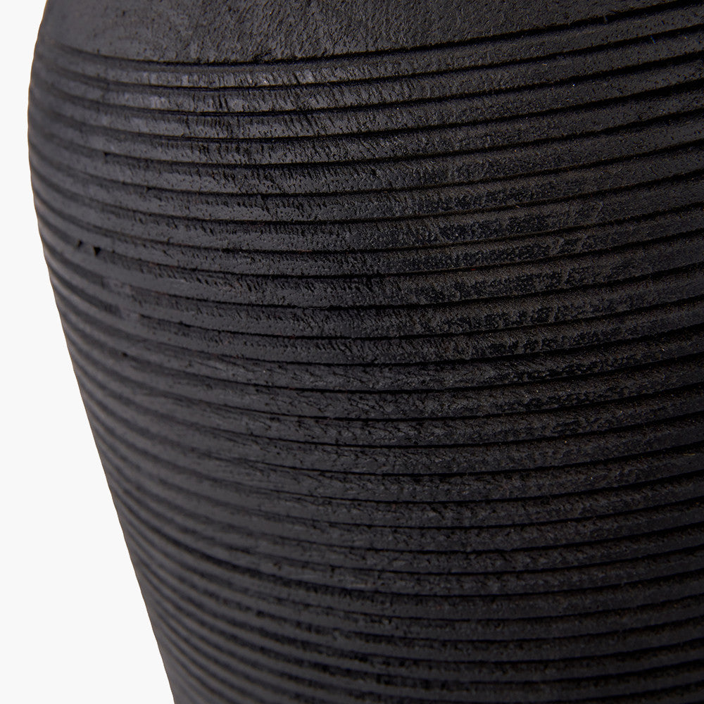 Nelu Black Engraved Wood Dome Table Lamp Base with Lino 35cm Black Self Lined Linen Cylinder Lampshade