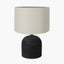 Nelu Black Engraved Wood Dome Table Lamp Base with Lino 35cm Grey Self Lined Linen Cylinder Lampshade