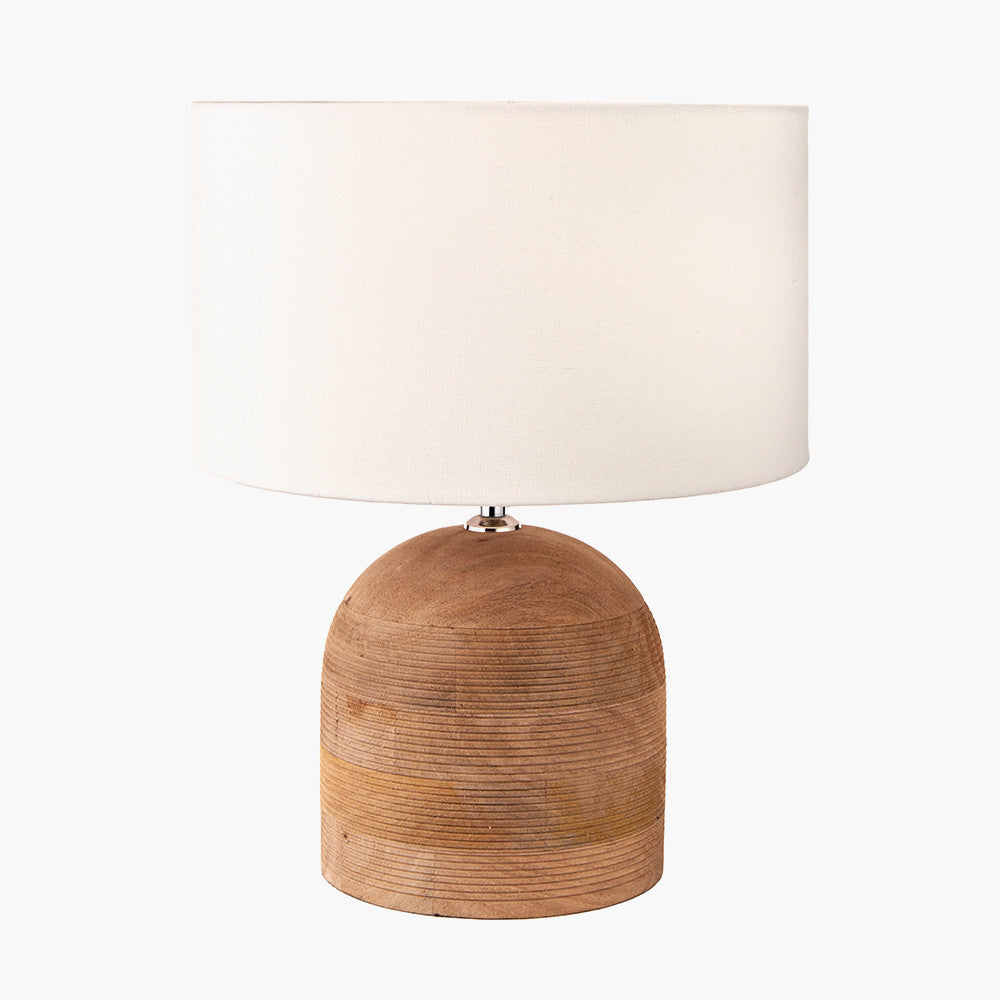 Nelu Natural Engraved Wood Dome Table Lamp Base with Henry 35cm White Handloom Cylinder Lampshade