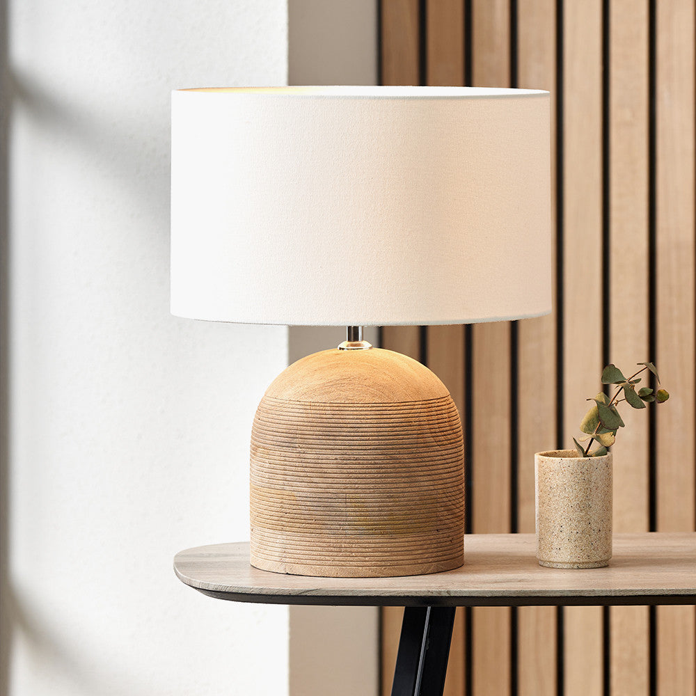 Nelu Natural Engraved Wood Dome Table Lamp Base with Henry 35cm White Handloom Cylinder Lampshade