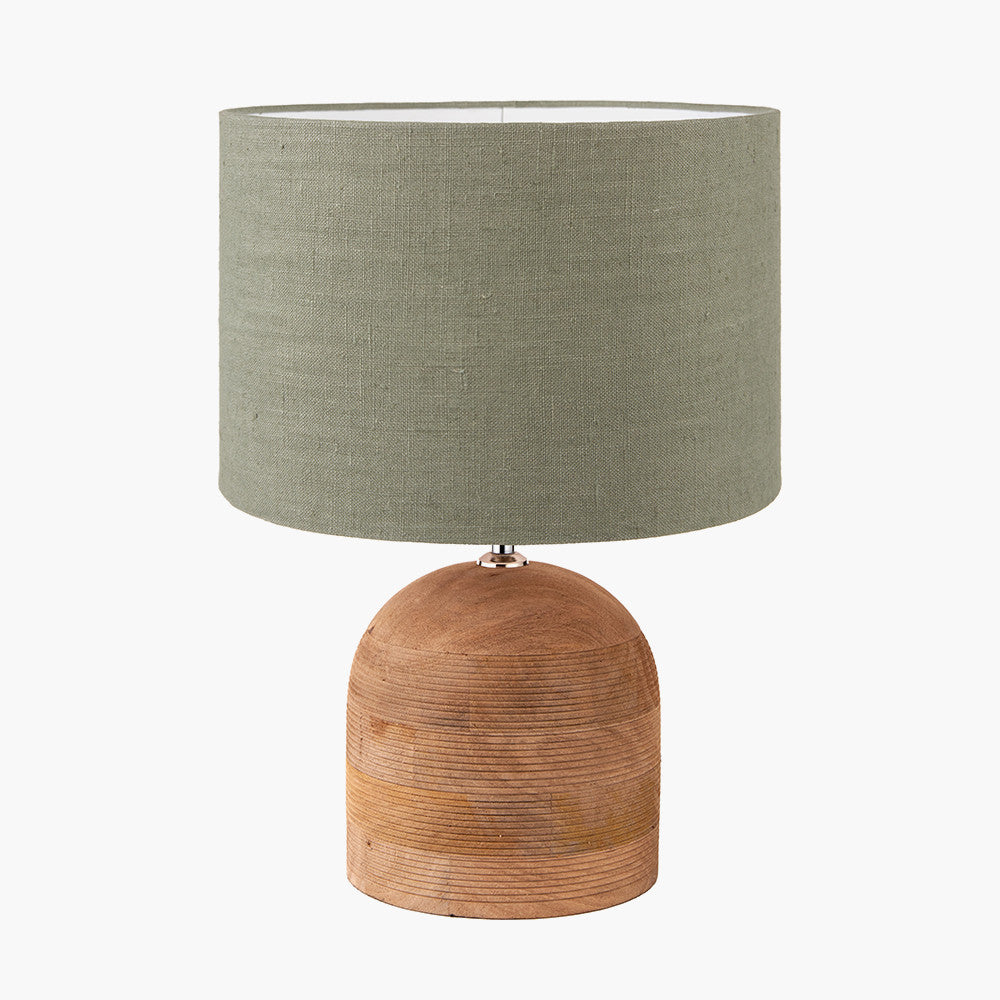 Nelu Natural Engraved Wood Dome Table Lamp Base with Edward 35cm Pistachio Green Linen Cylinder Lampshade