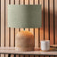 Nelu Natural Engraved Wood Dome Table Lamp Base with Edward 35cm Pistachio Green Linen Cylinder Lampshade