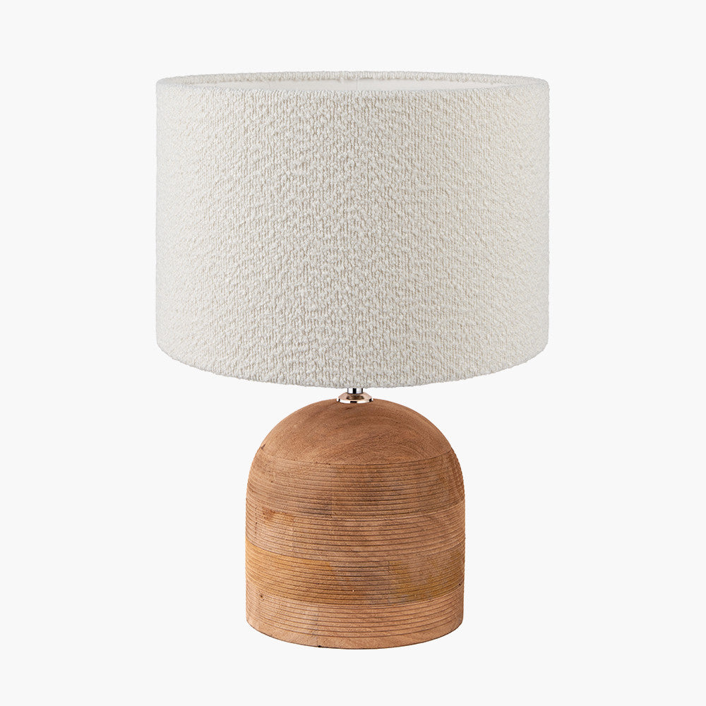 Nelu Natural Engraved Wood Dome Table Lamp Base with Rouen 35cm White Boucle Cylinder Lampshade