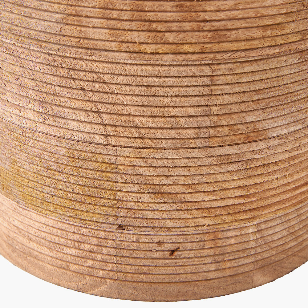 Nelu Natural Engraved Wood Dome Table Lamp Base with Lino 35cm Grey Self Lined Linen Cylinder Lampshade