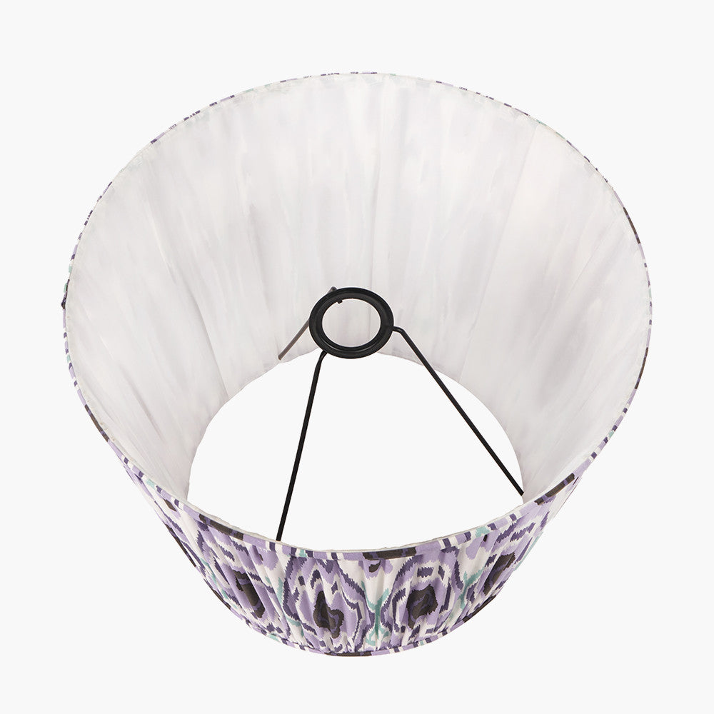 Ioan Grey Engraved Wood Bottle Table Lamp Base with Izara 40cm Lilac Ikat Patterned Mushroom Pleat Tapered Lampshade