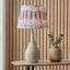 Ioan Grey Engraved Wood Bottle Table Lamp Base with Izara 40cm Lilac Ikat Patterned Mushroom Pleat Tapered Lampshade
