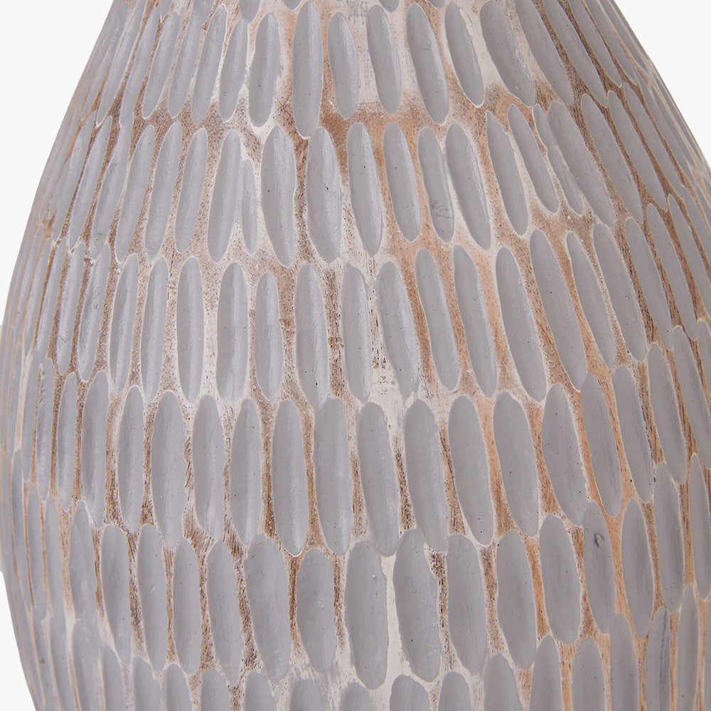 Ioan Grey Engraved Wood Bottle Table Lamp Base with Izara 40cm Ocean Blue Ikat Patterned Mushroom Pleat Tapered Lampshade