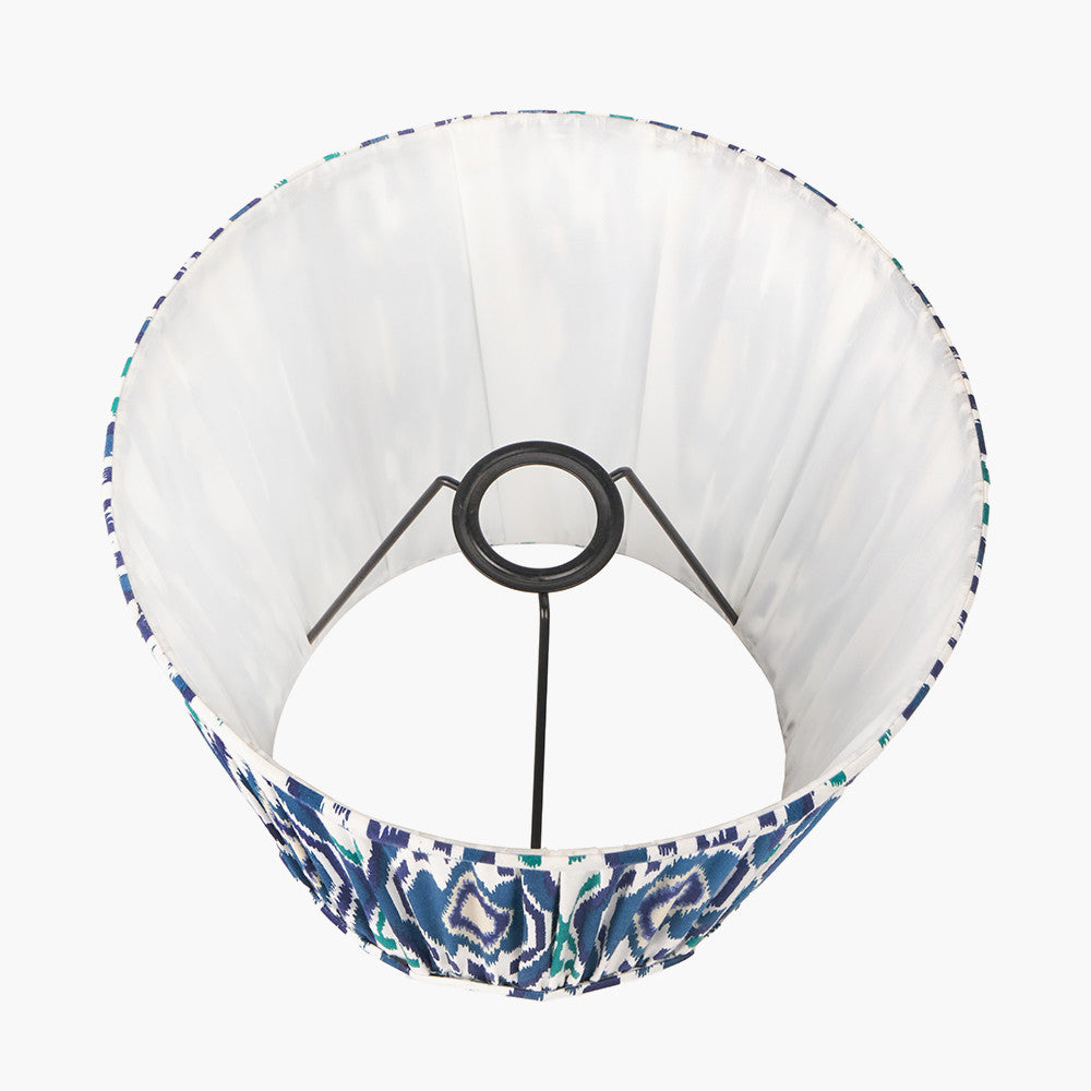 Ioan Grey Engraved Wood Bottle Table Lamp Base with Izara 40cm Ocean Blue Ikat Patterned Mushroom Pleat Tapered Lampshade