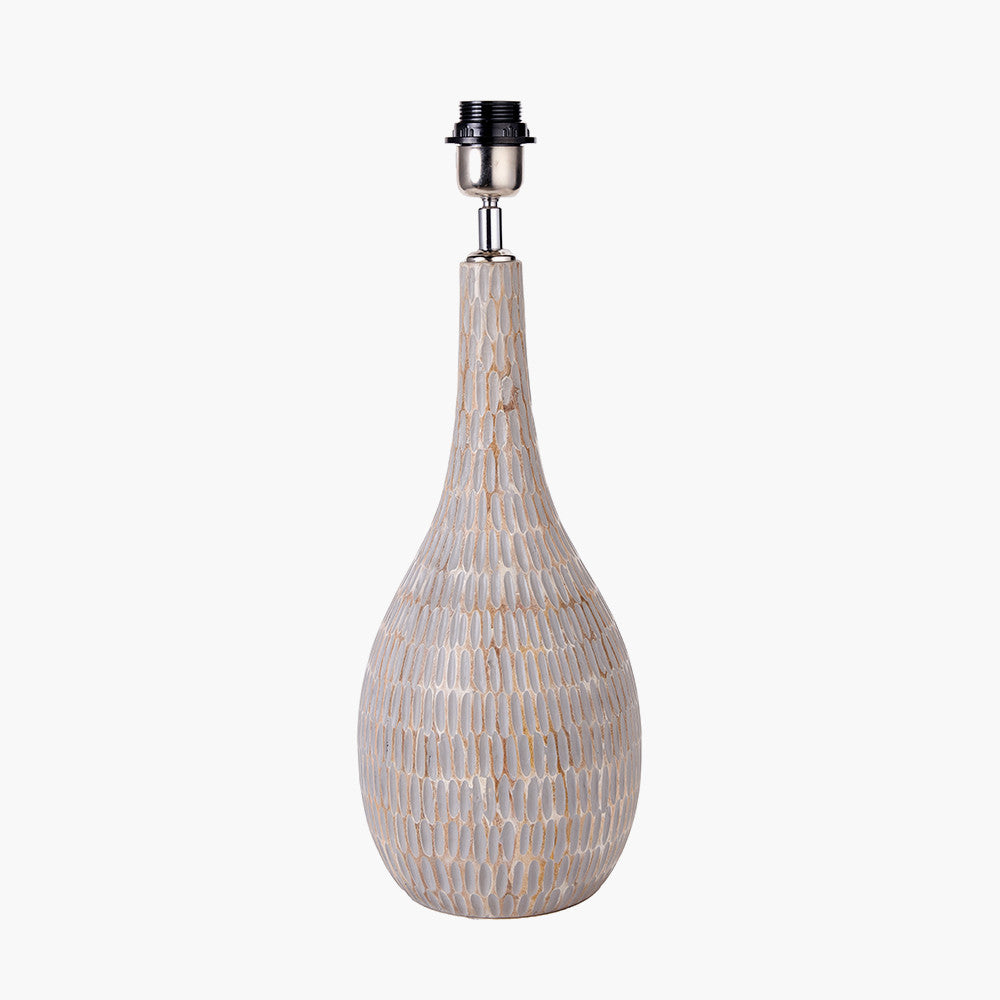 Ioan Grey Engraved Wood Bottle Table Lamp Base with Lino 40cm White Self Lined Linen Cylinder Lampshade