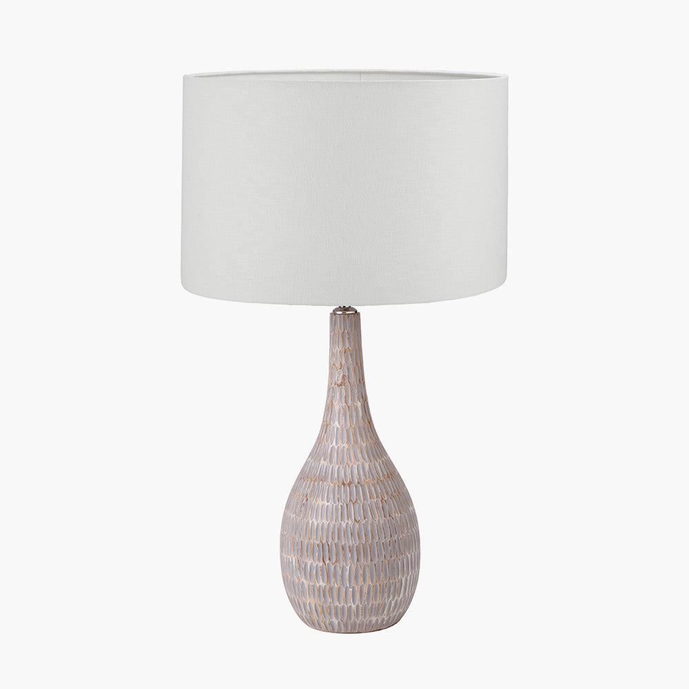 Ioan Grey Engraved Wood Bottle Table Lamp Base with Lino 40cm White Self Lined Linen Cylinder Lampshade