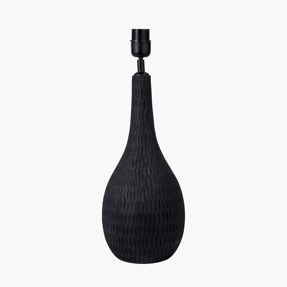 Ioan Black Engraved Wood Bottle Table Lamp Base with Izara 40cm Cinnamon Ikat Patterned Mushroom Pleat Tapered Lampshade