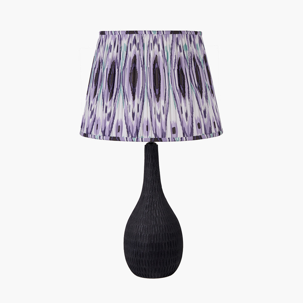 Ioan Black Engraved Wood Bottle Table Lamp Base with Izara 40cm Lilac Ikat Patterned Mushroom Pleat Tapered Lampshade