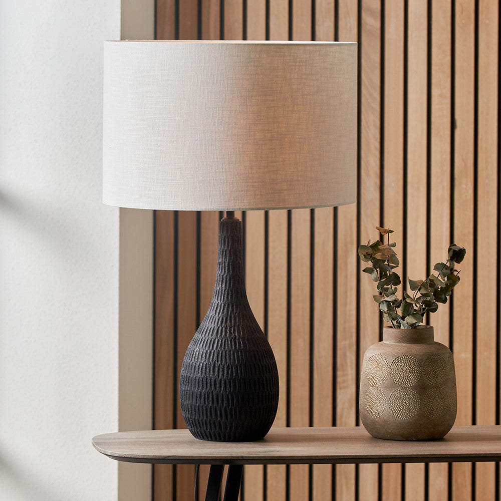 Ioan Black Engraved Wood Bottle Table Lamp Base with Lino 40cm White Self Lined Linen Cylinder Lampshade